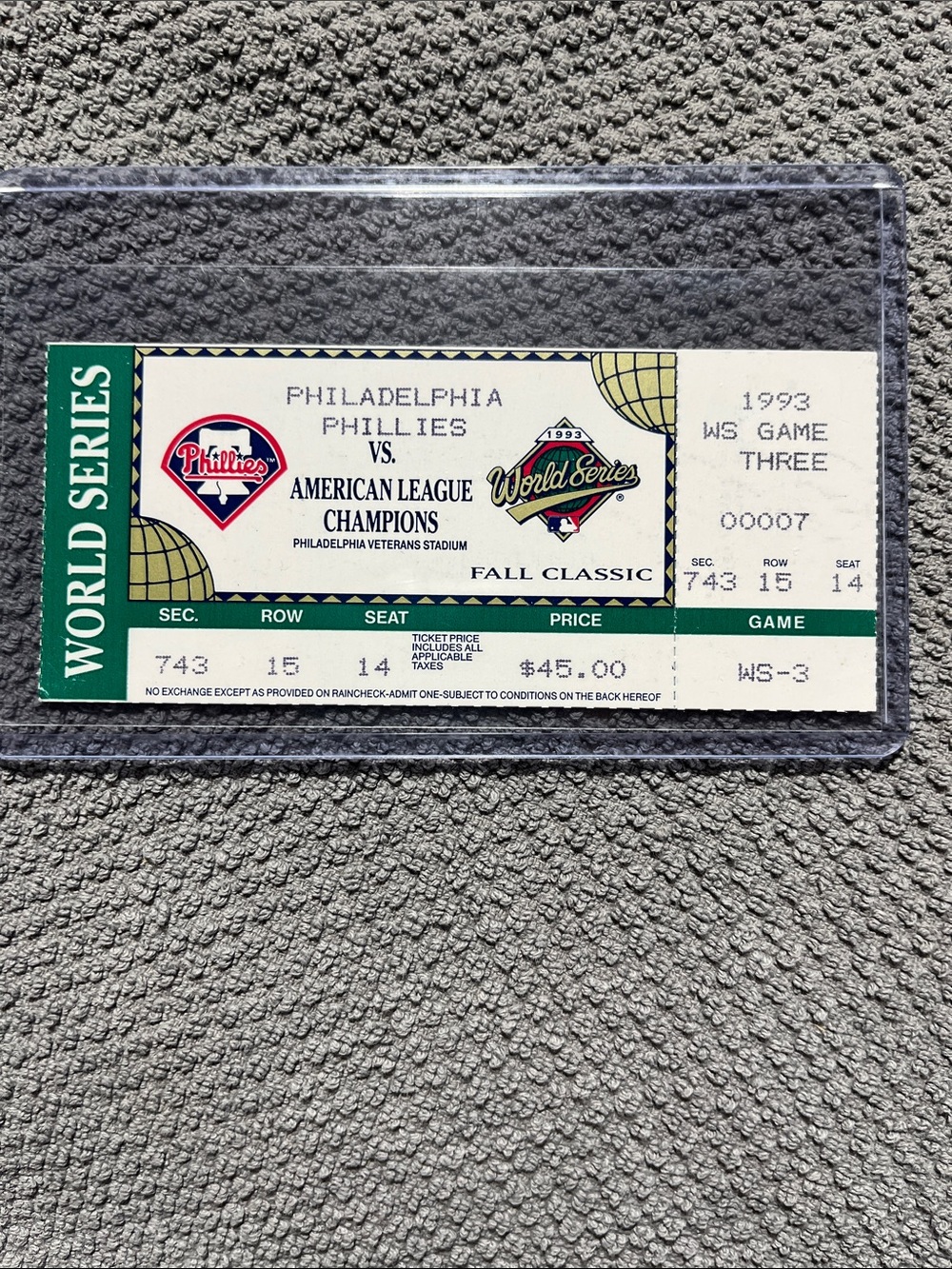 1993 World Series ticket stub, Philadelphia Phillies, VS American League champ